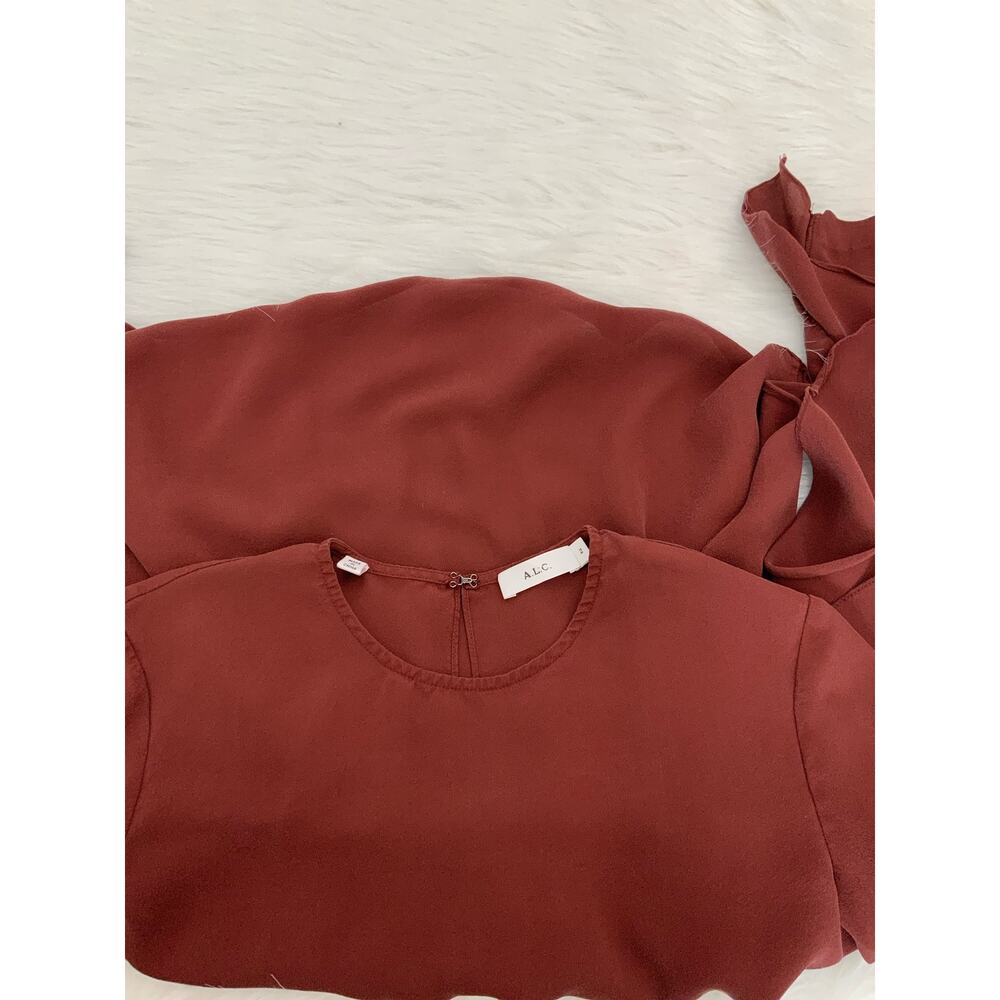 A.L.C Sally Open Back Ruffle Sleeve Silk Crepe Top Bordeaux Blouse Size 2 XS - Picture 9 of 12